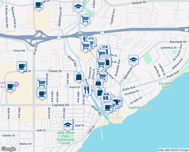 map of restaurants, bars, coffee shops, grocery stores, and more near 610 Gilroy Drive in Capitola