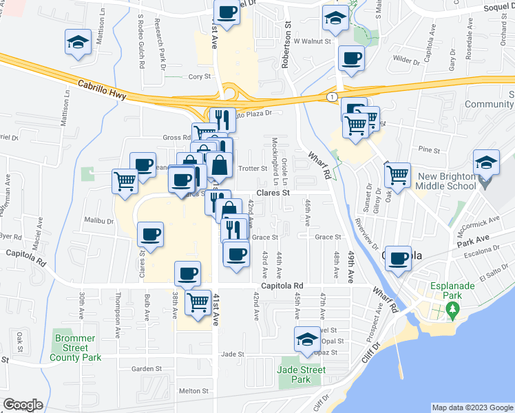 map of restaurants, bars, coffee shops, grocery stores, and more near 4206 Sea Pines Court in Capitola