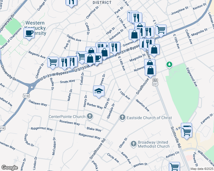 map of restaurants, bars, coffee shops, grocery stores, and more near 1601 Nutwood Street in Bowling Green