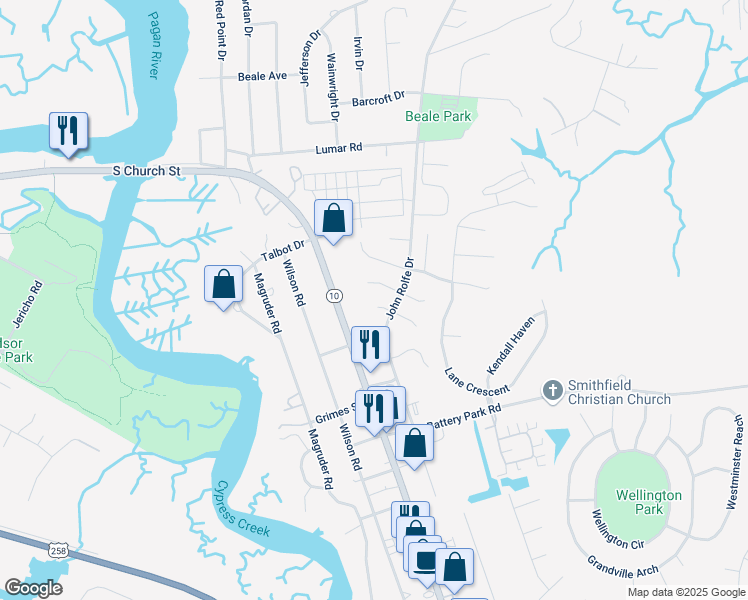 map of restaurants, bars, coffee shops, grocery stores, and more near 916 Pocahontas Court in Smithfield