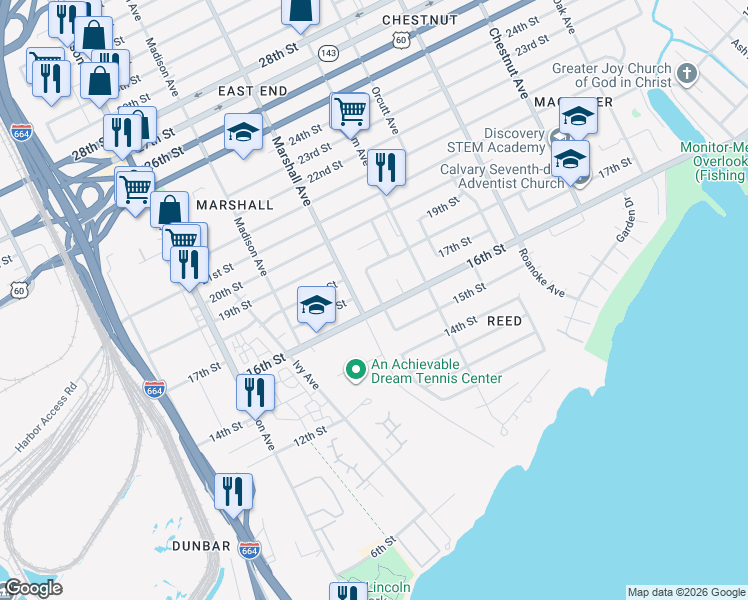 map of restaurants, bars, coffee shops, grocery stores, and more near 1617 Rolfe Place in Newport News