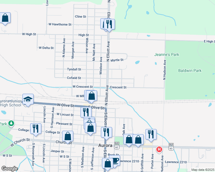 map of restaurants, bars, coffee shops, grocery stores, and more near 210 North Elliott Avenue in Aurora