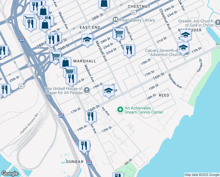 map of restaurants, bars, coffee shops, grocery stores, and more near 738 18th Street in Newport News