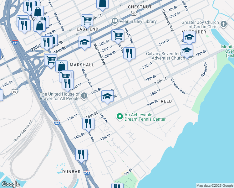 map of restaurants, bars, coffee shops, grocery stores, and more near 1701 Marshall Avenue in Newport News
