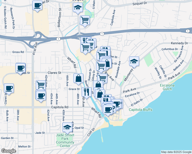 map of restaurants, bars, coffee shops, grocery stores, and more near 611 Oak Drive in Capitola