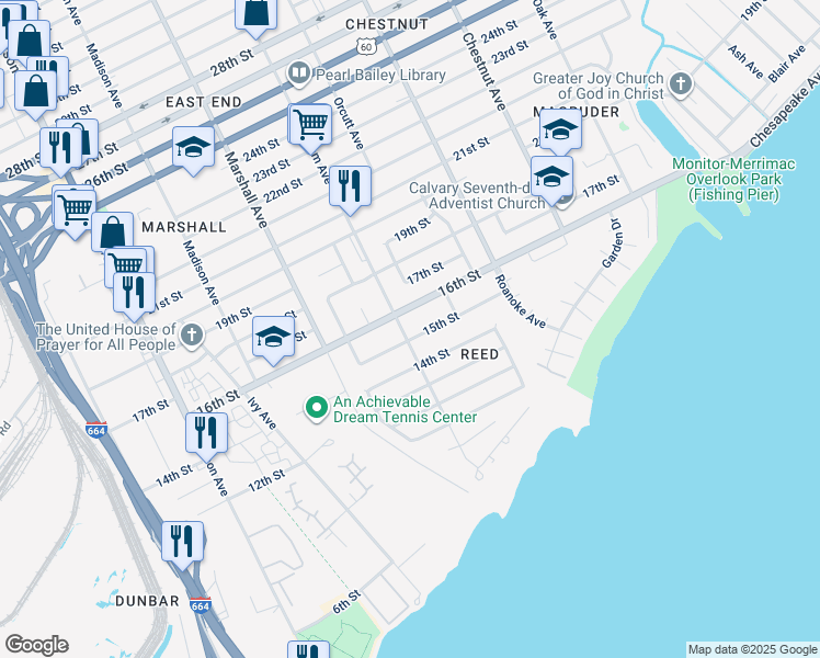 map of restaurants, bars, coffee shops, grocery stores, and more near 1504 Wickham Avenue in Newport News