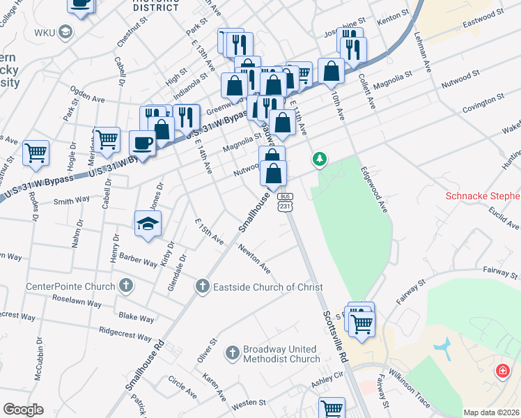 map of restaurants, bars, coffee shops, grocery stores, and more near 1204 Smallhouse Road in Bowling Green