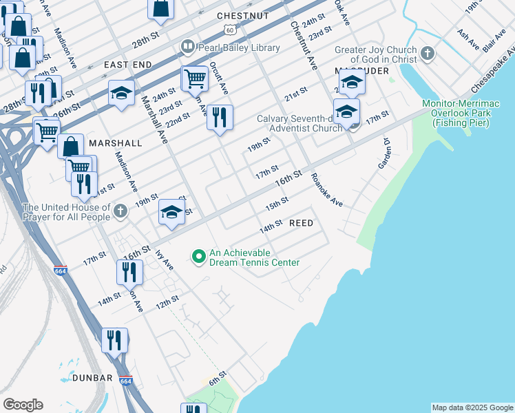 map of restaurants, bars, coffee shops, grocery stores, and more near 1504 Wickham Avenue in Newport News