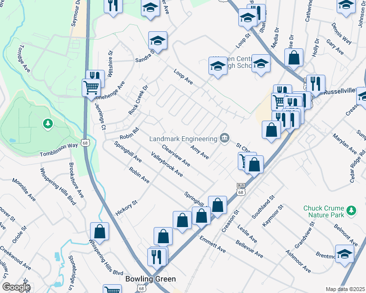 map of restaurants, bars, coffee shops, grocery stores, and more near 144 Amy Avenue in Bowling Green