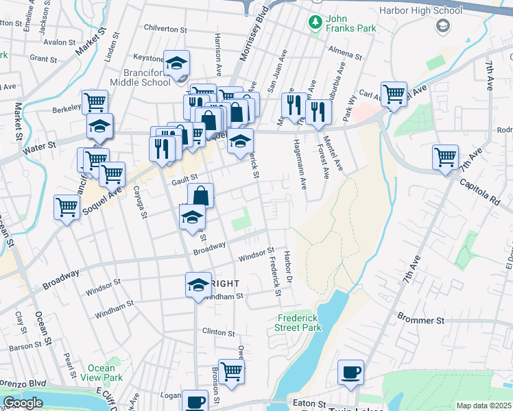 map of restaurants, bars, coffee shops, grocery stores, and more near 515 Frederick Street in Santa Cruz