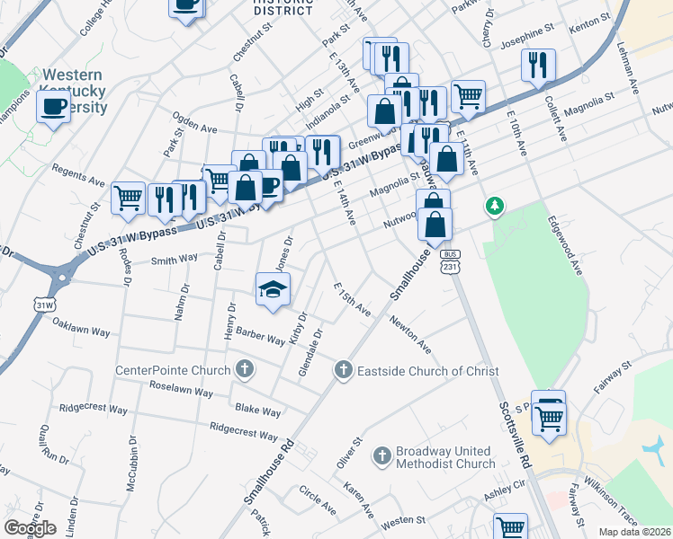 map of restaurants, bars, coffee shops, grocery stores, and more near 1206 East 15th Avenue in Bowling Green