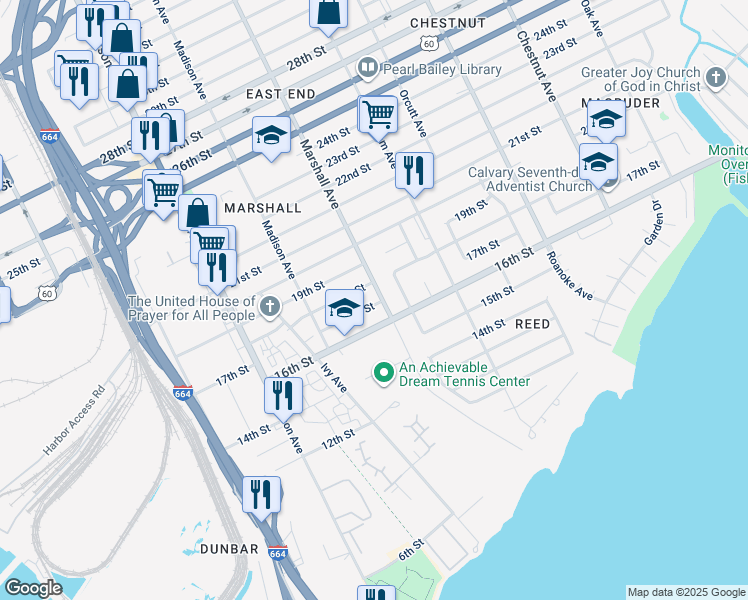 map of restaurants, bars, coffee shops, grocery stores, and more near 1701 Marshall Avenue in Newport News