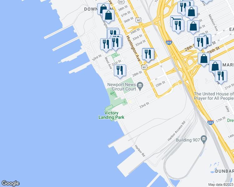 map of restaurants, bars, coffee shops, grocery stores, and more near 2601B West Avenue in Newport News