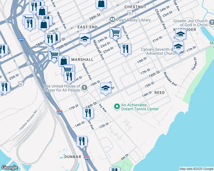 map of restaurants, bars, coffee shops, grocery stores, and more near 738 18th Street in Newport News