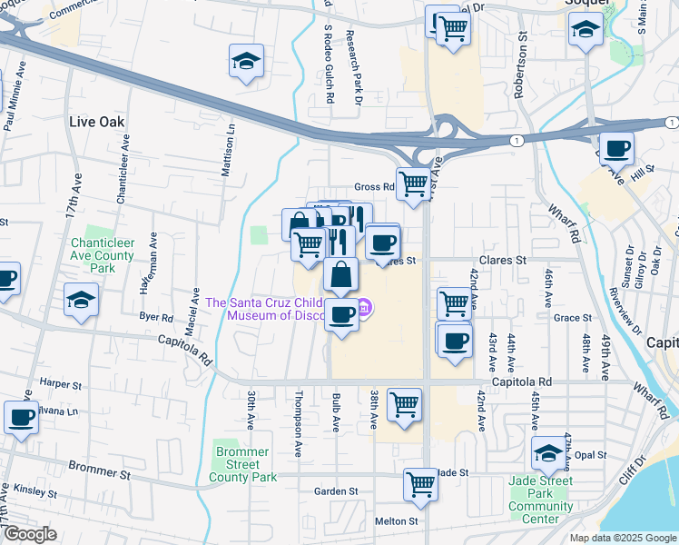 map of restaurants, bars, coffee shops, grocery stores, and more near 3400 Clares Street in Capitola
