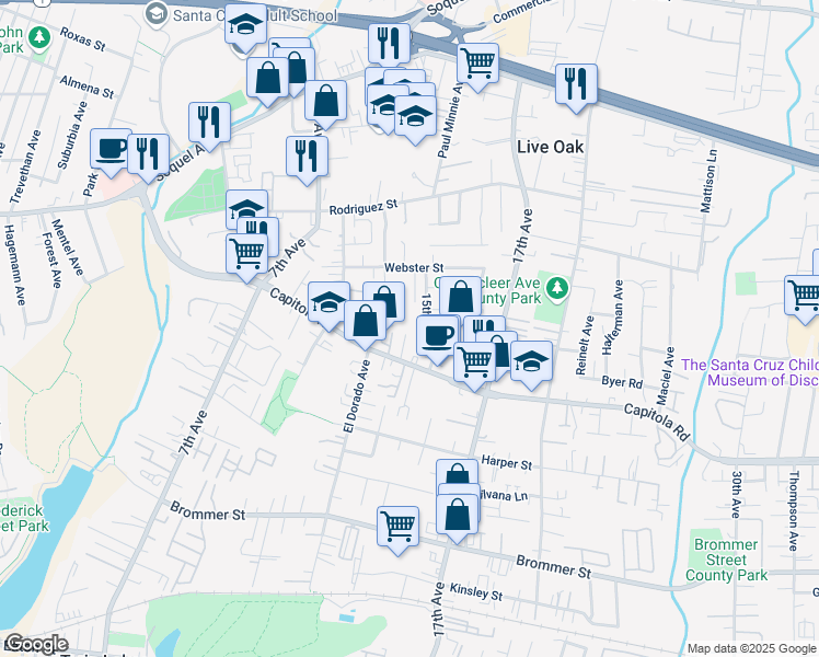 map of restaurants, bars, coffee shops, grocery stores, and more near 1744 Foster Court in Santa Cruz