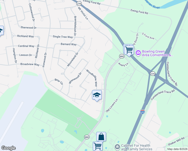 map of restaurants, bars, coffee shops, grocery stores, and more near Woodhollow Way in Bowling Green
