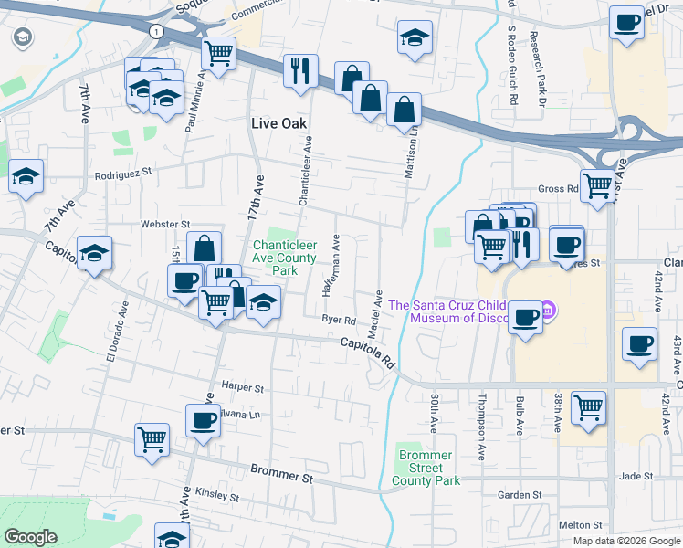 map of restaurants, bars, coffee shops, grocery stores, and more near 1902 Halterman Avenue in Santa Cruz