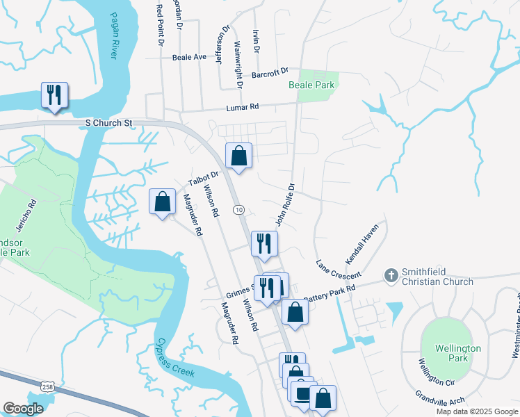 map of restaurants, bars, coffee shops, grocery stores, and more near 882 Sycamore Springs Ct in Smithfield