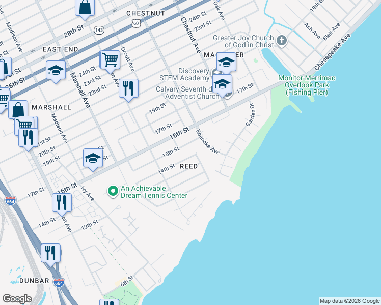 map of restaurants, bars, coffee shops, grocery stores, and more near 955 14th Street in Newport News