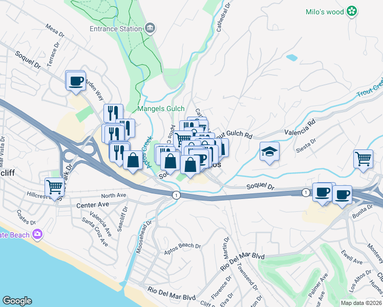 map of restaurants, bars, coffee shops, grocery stores, and more near 154 Aptos Village Way in Aptos