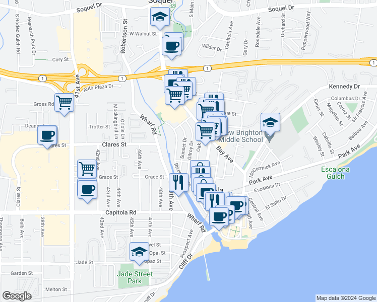 map of restaurants, bars, coffee shops, grocery stores, and more near 616 Gilroy Drive in Capitola