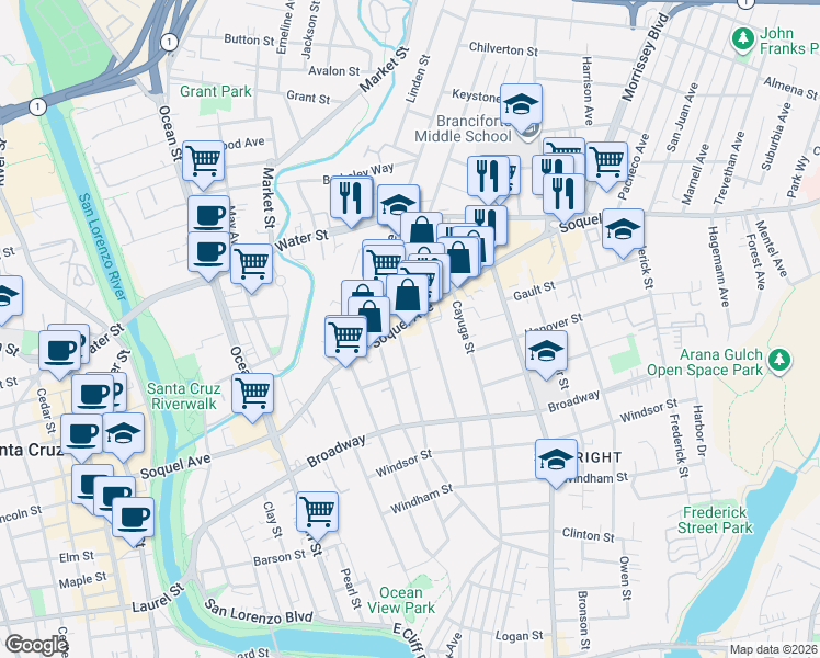 map of restaurants, bars, coffee shops, grocery stores, and more near 441 Pennsylvania Avenue in Santa Cruz