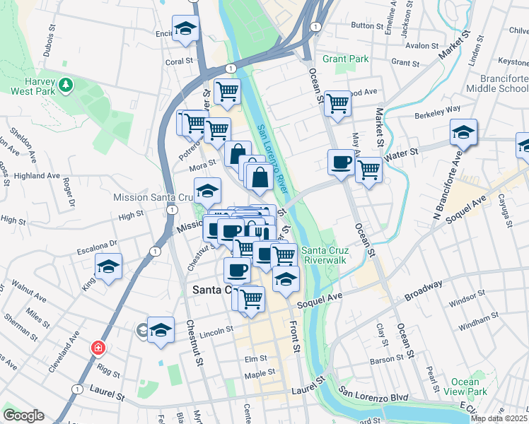 map of restaurants, bars, coffee shops, grocery stores, and more near 120 Bulkhead Street in Santa Cruz