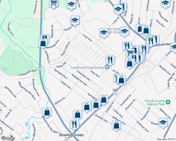 map of restaurants, bars, coffee shops, grocery stores, and more near 144 Amy Avenue in Bowling Green