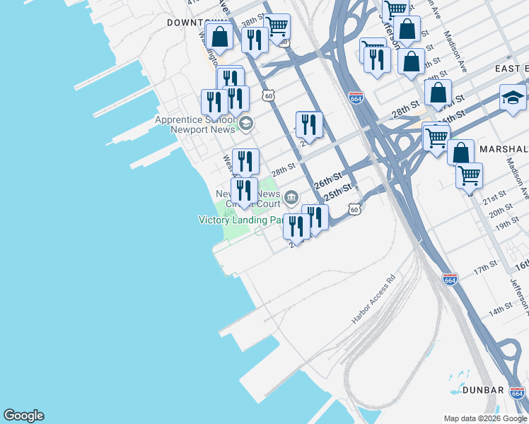 map of restaurants, bars, coffee shops, grocery stores, and more near 130 26th Street in Newport News