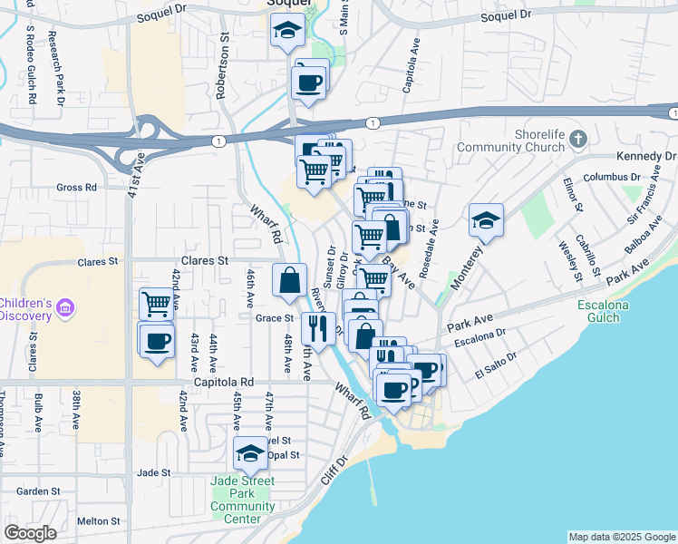 map of restaurants, bars, coffee shops, grocery stores, and more near 615 Gilroy Drive in Capitola