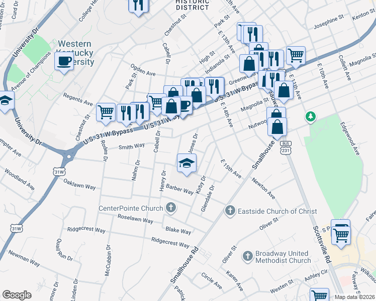 map of restaurants, bars, coffee shops, grocery stores, and more near 1117 Jones Drive in Bowling Green