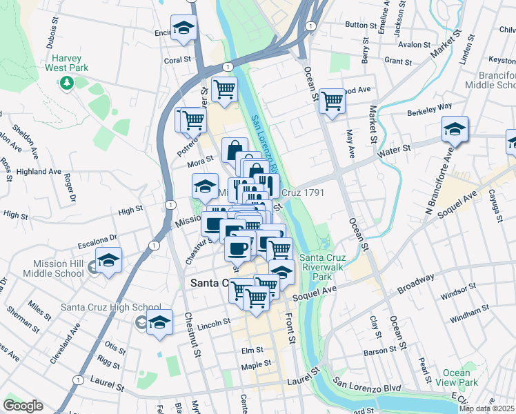 map of restaurants, bars, coffee shops, grocery stores, and more near 120 Bulkhead Street in Santa Cruz