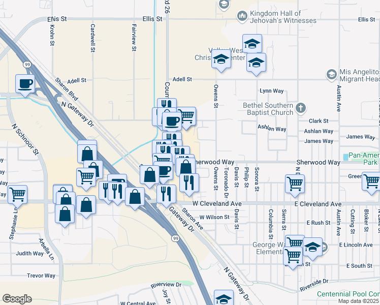 map of restaurants, bars, coffee shops, grocery stores, and more near 1329 Country Club Drive in Madera