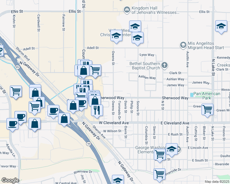 map of restaurants, bars, coffee shops, grocery stores, and more near 1323 Owens Street in Madera