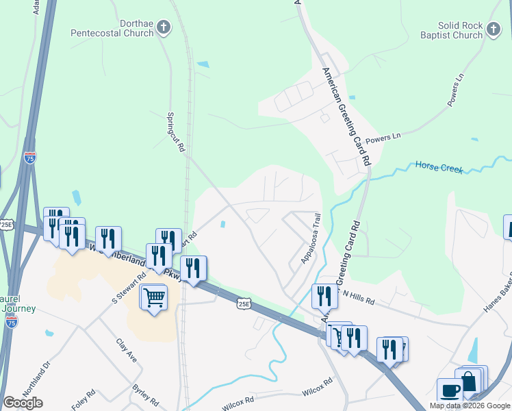 map of restaurants, bars, coffee shops, grocery stores, and more near 156 Whitney Court in Corbin