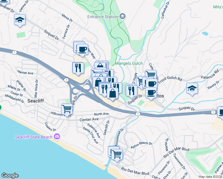 map of restaurants, bars, coffee shops, grocery stores, and more near 7941 Soquel Drive in Aptos