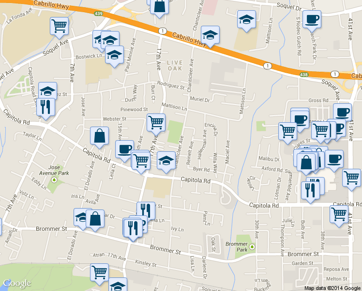 map of restaurants, bars, coffee shops, grocery stores, and more near 1870 Chanticleer Ave in Santa Cruz