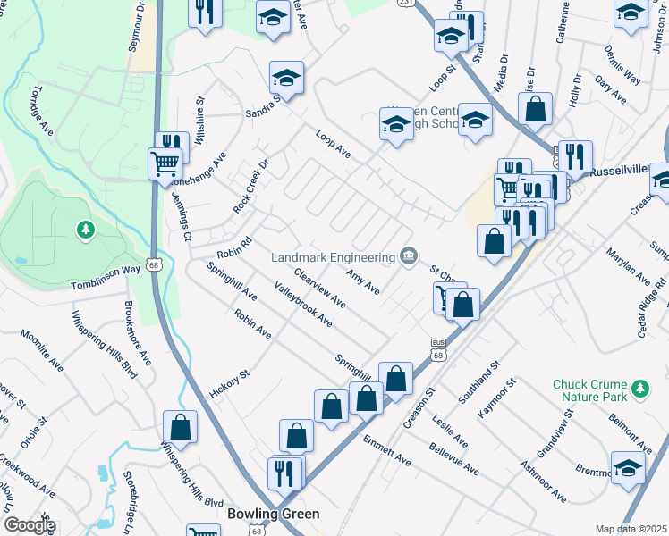 map of restaurants, bars, coffee shops, grocery stores, and more near 144 Amy Avenue in Bowling Green