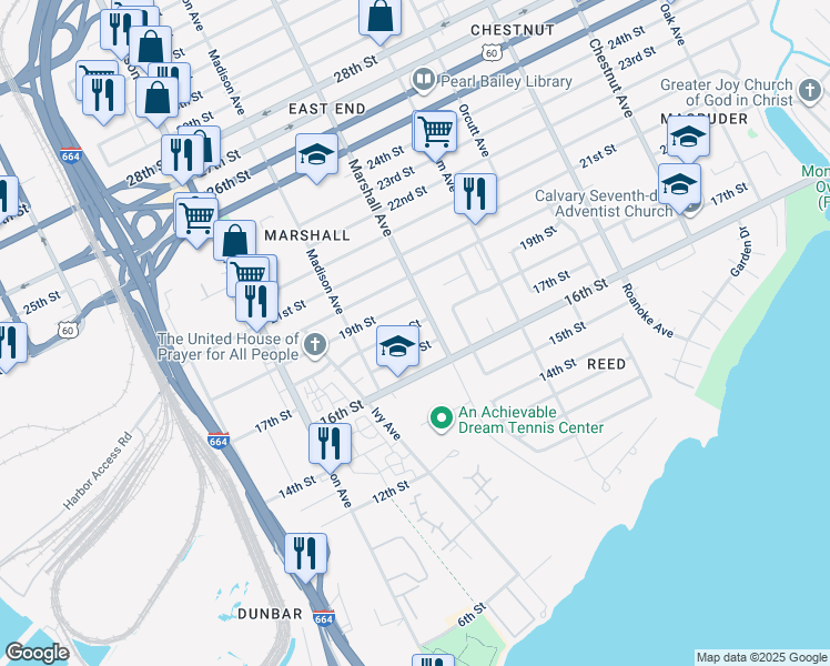 map of restaurants, bars, coffee shops, grocery stores, and more near 746 18th Street in Newport News