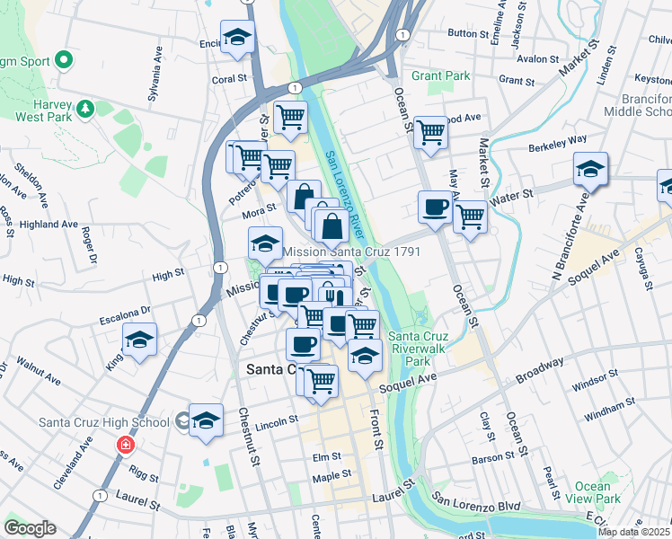 map of restaurants, bars, coffee shops, grocery stores, and more near 120 Bulkhead Street in Santa Cruz