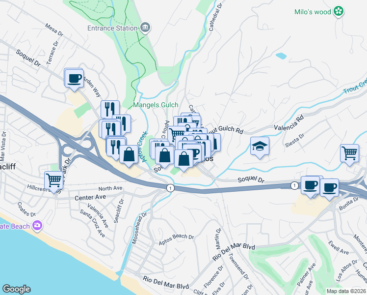 map of restaurants, bars, coffee shops, grocery stores, and more near 136 Aptos Village Way in Aptos