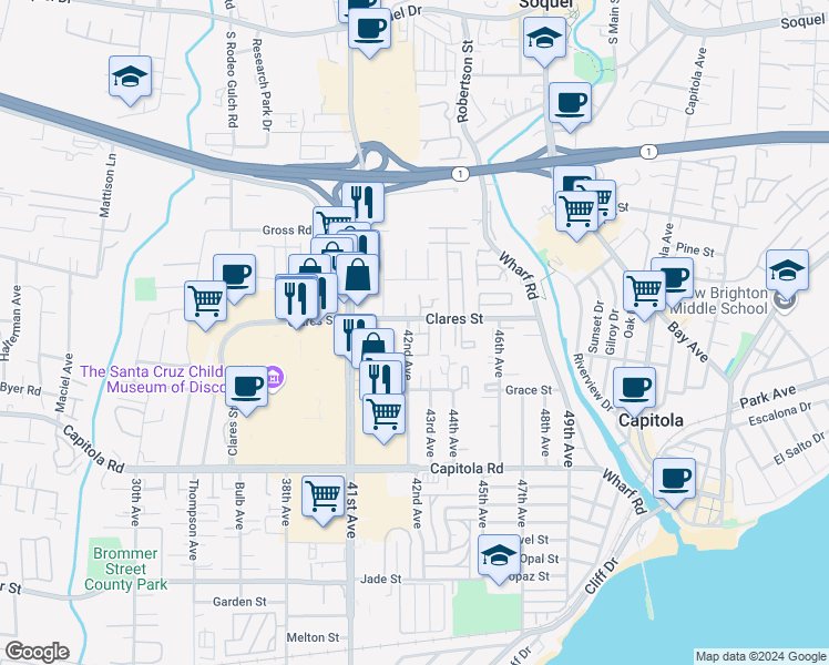 map of restaurants, bars, coffee shops, grocery stores, and more near 4201 Sea Pines Court in Capitola