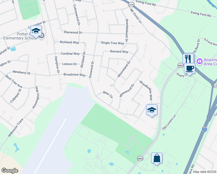 map of restaurants, bars, coffee shops, grocery stores, and more near 1008 Stonewood Circle in Bowling Green