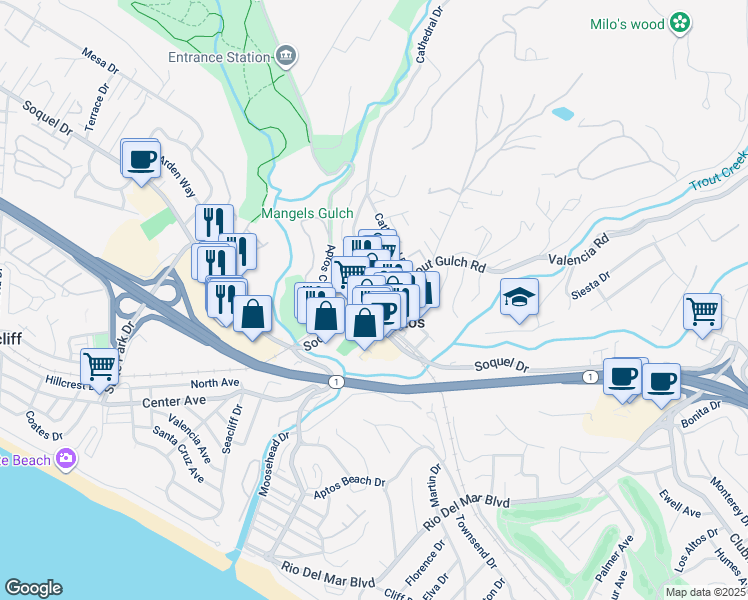 map of restaurants, bars, coffee shops, grocery stores, and more near 154 Aptos Village Way in Aptos