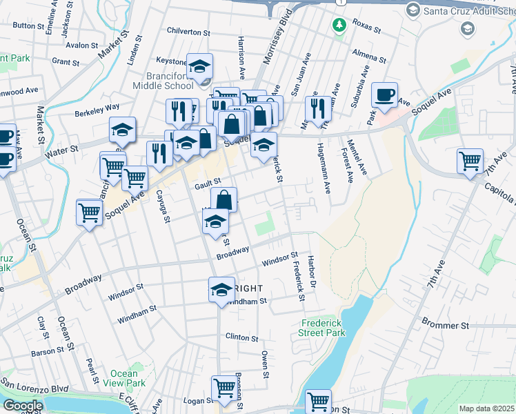 map of restaurants, bars, coffee shops, grocery stores, and more near 425 Effey Street in Santa Cruz