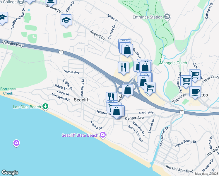 map of restaurants, bars, coffee shops, grocery stores, and more near 415 Sailfish Drive in Aptos