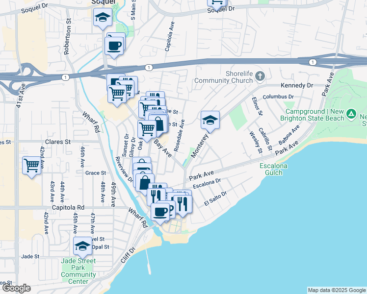 map of restaurants, bars, coffee shops, grocery stores, and more near 309 Alma Lane in Capitola