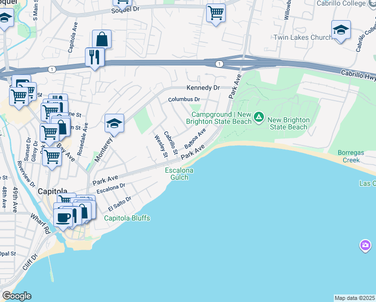 map of restaurants, bars, coffee shops, grocery stores, and more near 815 Balboa Avenue in Capitola