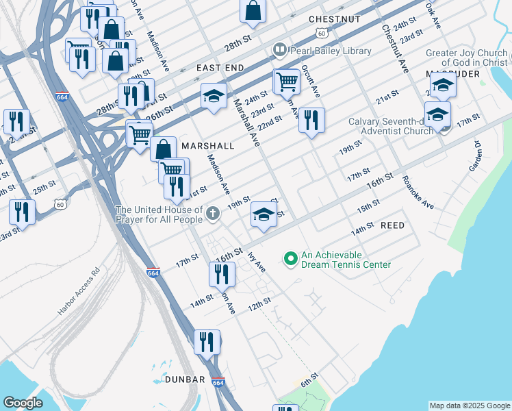 map of restaurants, bars, coffee shops, grocery stores, and more near 725 18th Street in Newport News